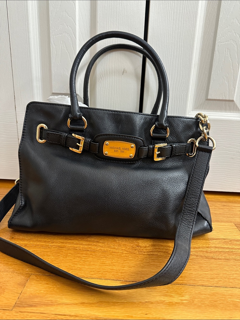 Michael Kors Black Leather Satchel with Gold-Tone Plaque